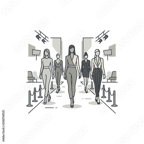 Group of fashion models strutting on a professional catwalk.