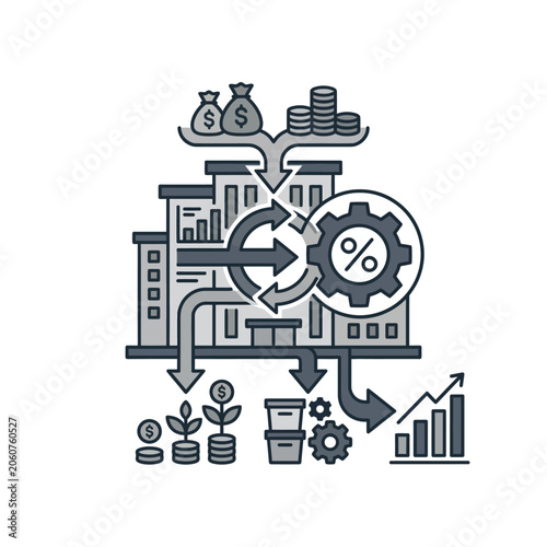 Industrial manufacturing process and financial flow business infographic.
