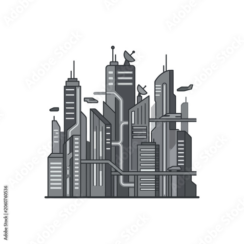 Science fiction city skyline with satellites and towers.