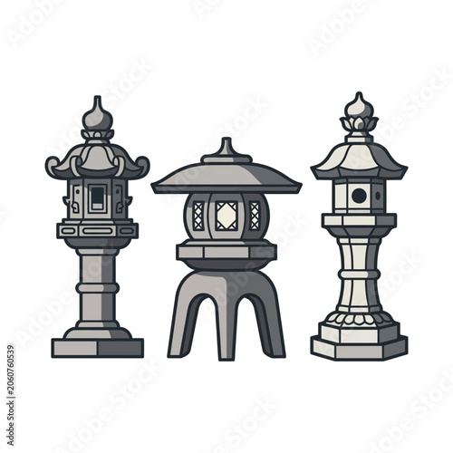Three detailed traditional Japanese stone lantern structures.