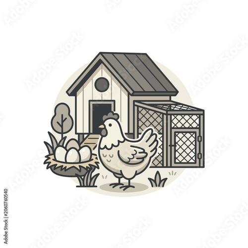 Hen with nest of eggs beside a wooden coop.