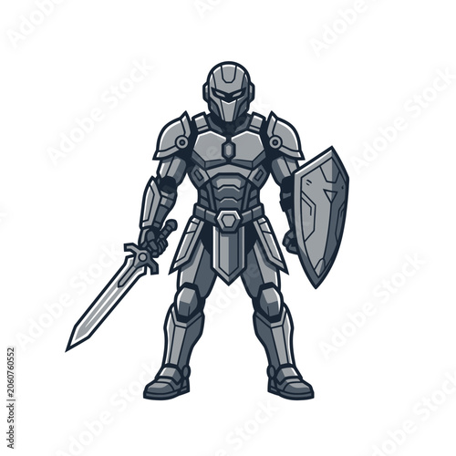 Futuristic armored knight with sword and shield illustration.