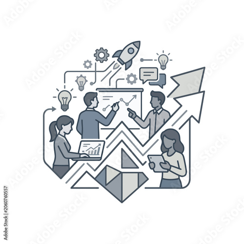 Business strategy growth illustration with rocket and team members.