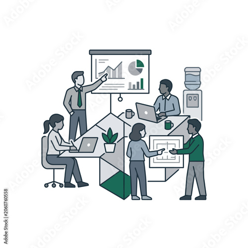 Team in an office presenting charts during a meeting.