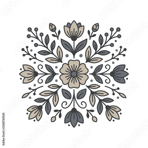 Symmetrical floral mandala pattern with muted earth tones