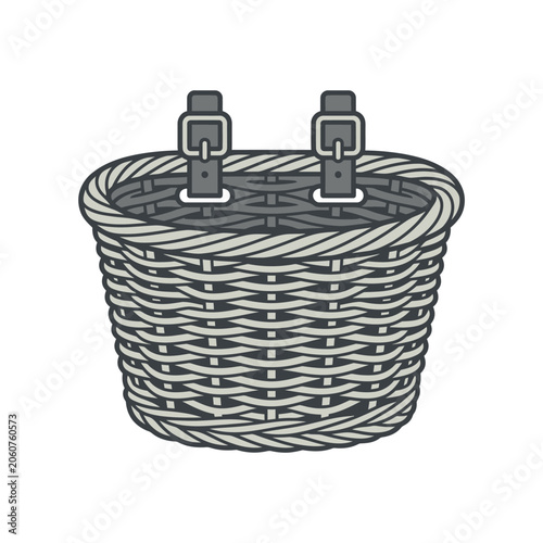 Woven wicker bicycle basket with adjustable leather straps.
