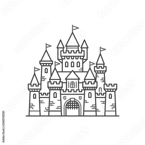 Detailed medieval castle with flags and towers.