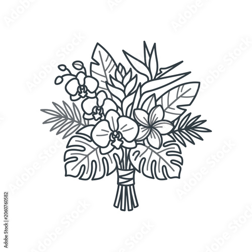 Tropical floral arrangement line art coloring page.