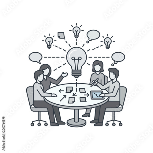 Coworkers collaborating at round table with ideas and charts