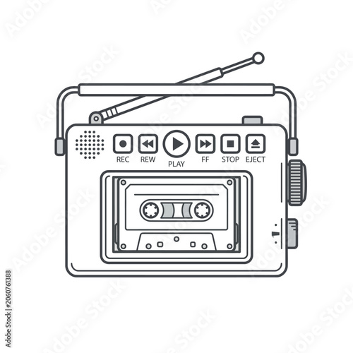 Vintage radio cassette player line art illustration.
