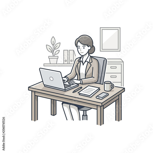 Businesswoman working on laptop at tidy office desk.