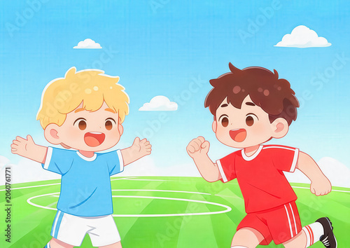 Two cheerful young boys in sportswear run on a green sports field under a clear blue sky, showing friendship and active play.