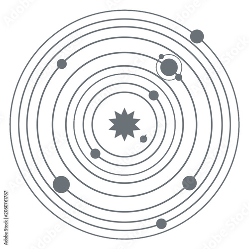 Intricate line art diagram of planets orbiting a star.