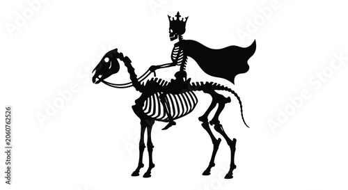 Tableau sur toile Skeleton riding a skeletal horse with a crown and cape black silhouette skull ri