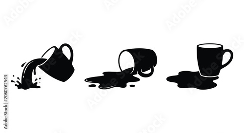 Bild auf Leinwand Spilling Coffee Mug Sequence In Black Silhouette cup pouring liquid beverage hot