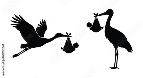 Photos Stork Carrying Baby In Bag Silhouette Against White Background infant newborn bi
