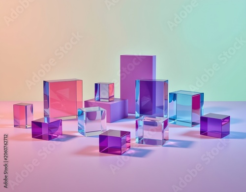 Translucent Glass Shapes Pastel Lighting with Reflective Surface