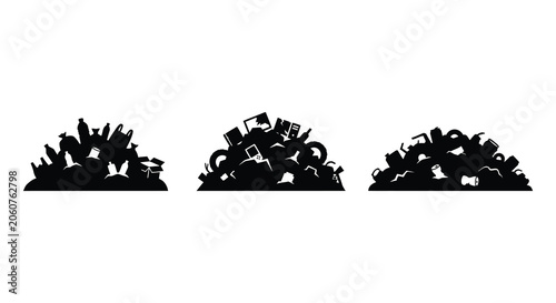 Fotografie Three piles of refuse and discarded objects black silhouette trash garbage waste