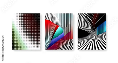 Abstract geometric vector poster set with halftone grid, optical illusion patterns, shape distortion, linear gradients, transition effects, dynamic graphics for banner and wall art