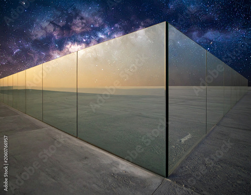 Barrier made of transparent glass wall in empty space, invisible limits concept