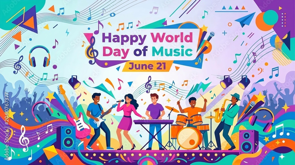 Obraz premium Happy World Music Day Celebration with Diverse People Enjoying Live Performance
