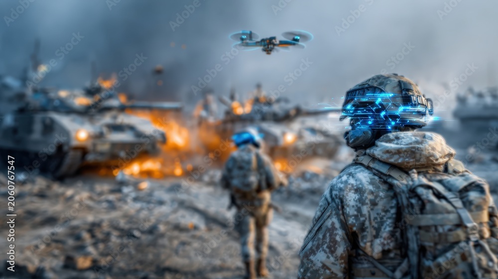 Fototapeta premium Futuristic soldier with glowing cybernetic enhancements scans a war-torn battlefield, where tanks burn and a drone hovers overhead. ..Created with Generative AI, not depicting real subjects.