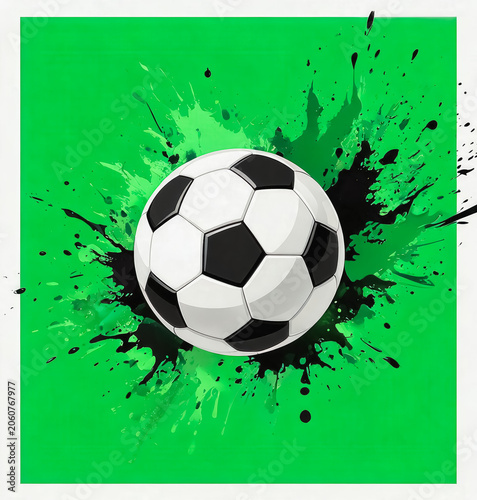 A classic black and white soccer ball overlaid with dynamic green and black ink splash graphics on a solid bright green background, suitable for sports-related designs.
