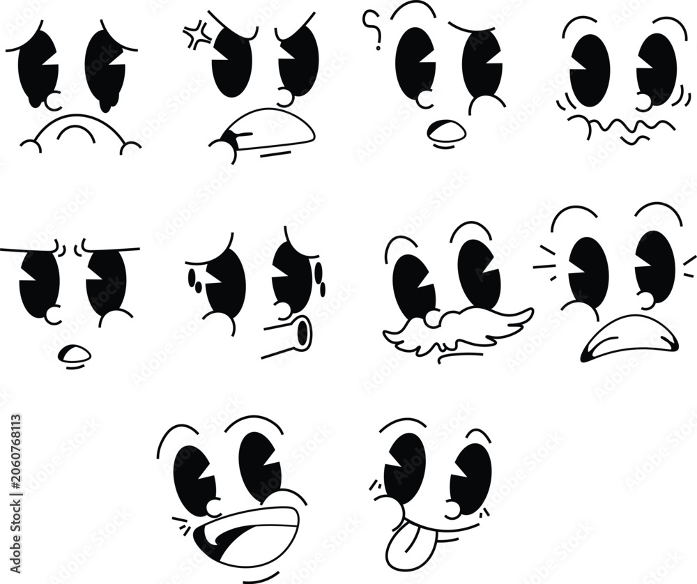 Obraz premium Cartoon Face Expressions: A collection of vintage cartoon-style faces displaying a range of emotions from joy and surprise to anger and confusion, perfect for animation and graphic design.