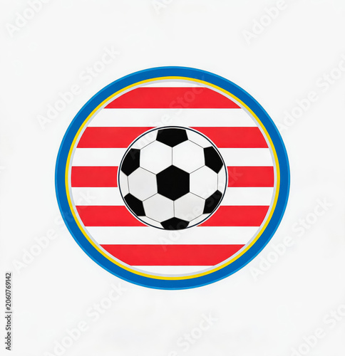 A circular graphic emblem featuring horizontal red and white stripes, a soccer ball at its center, and blue and yellow outer rings.