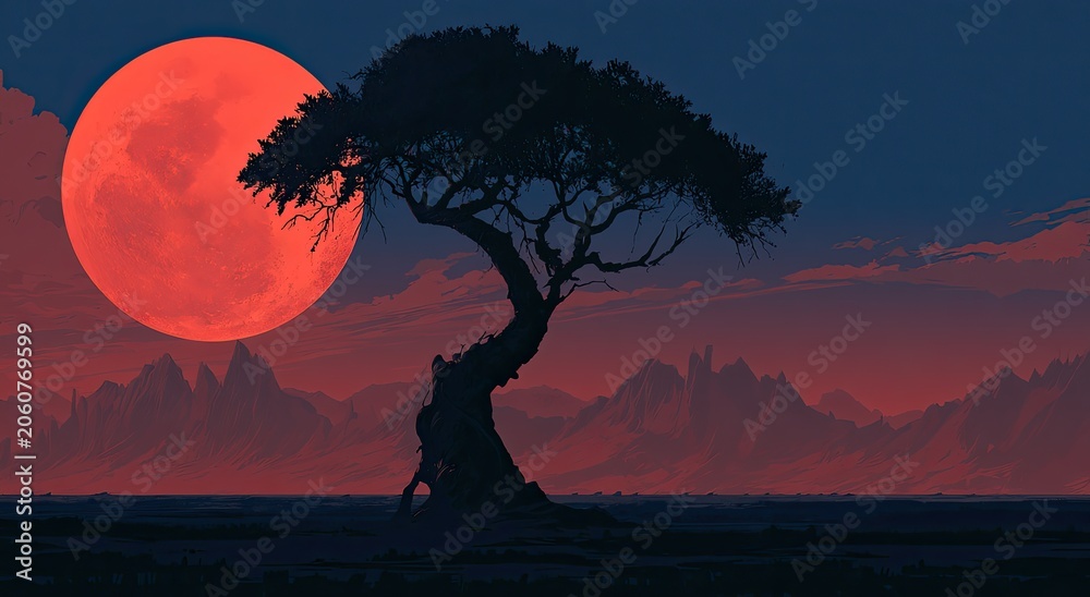 Fototapeta premium Silhouette of a solitary, twisted tree against a vibrant crimson moon and red sky