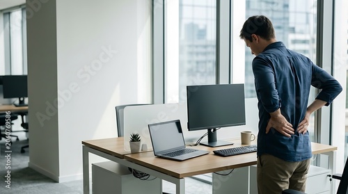 Man stretching lower back pain at modern office standing desk