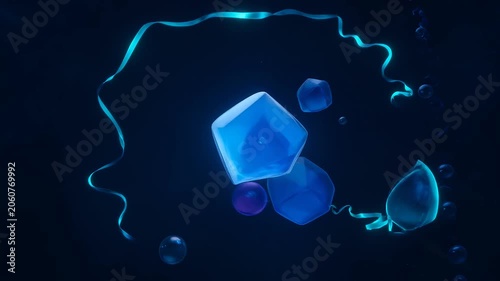 Abstract blue geometric shapes floating and rotating in dark space