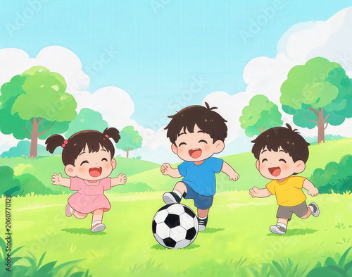 Three young children play happily with a soccer ball on a grassy outdoor field under a clear blue sky.