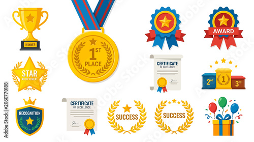 A collection of various award symbols and certificates on display