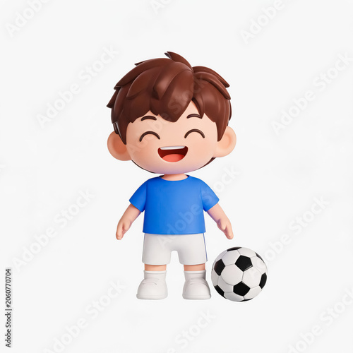 A 3D cartoon young boy character, smiling happily, standing next to a black and white soccer ball. Simple plain white background.