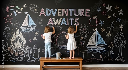Two children drawing adventurethemed illustrations with colorful chalk on a large black chalkboard wall in a playroom