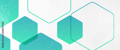 Abstract white background with turquoise green hexagon shapes and halftone dots effect minimal geometric tech banner for medical corporate business presentation vector