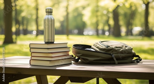 Metal water bottle on a stack of books with a backpack on a wooden picnic table in a park