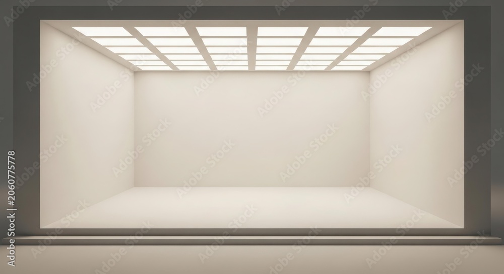 Fototapeta premium Empty white room with bright ceiling lights, a minimalist interior space.