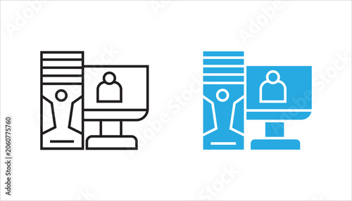 Minimal desktop computer user line icon isolated on background. Suitable for user accounts, computer systems, IT services, digital workstations, and technology concepts.