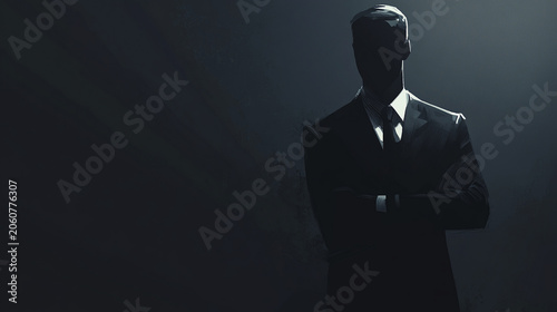 Mysterious Man in Suit, Silhouette, Dark Background, Corporate Identity, Secret Agent