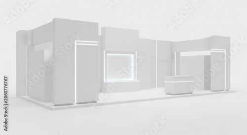 Modern minimalist white exhibition stand or trade show booth design with subtle lighting.