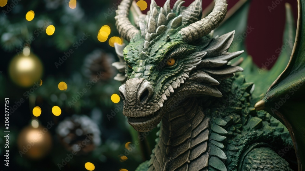 Fototapeta premium Dragon sculpture surrounded by festive decorations.