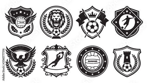 Soccer crests with diverse emblems including a lion eagle and goalie in monochrome graphic style