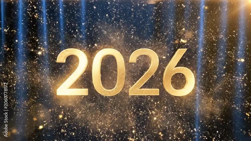 A golden 2026 text surrounded by sparkling fireworks against a dark blue background
