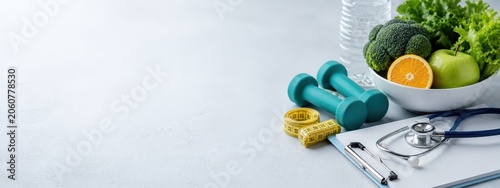 Healthy Lifestyle Concept with Fresh Vegetables, Dumbbells, Water Bottle, and Medical Equipment on Gray Background