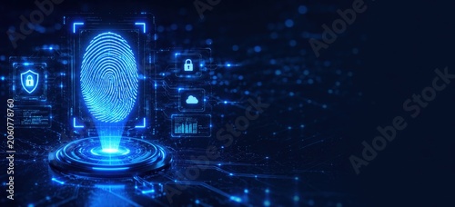 Advanced Quantum Cybersecurity Concept Featuring Biometric Fingerprint Scan Against Futuristic Digital Background