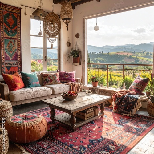 Boho living room with scenic view