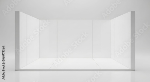 Empty white minimalist exhibition booth or display stand with clean lines and reflective floor.