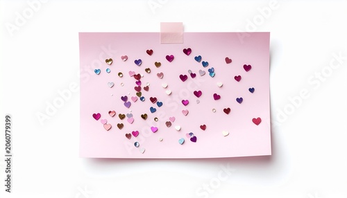 Pink sticky note with colorful heart confetti on white background, decorative paper confetti, heart shapes, valentine's day decor